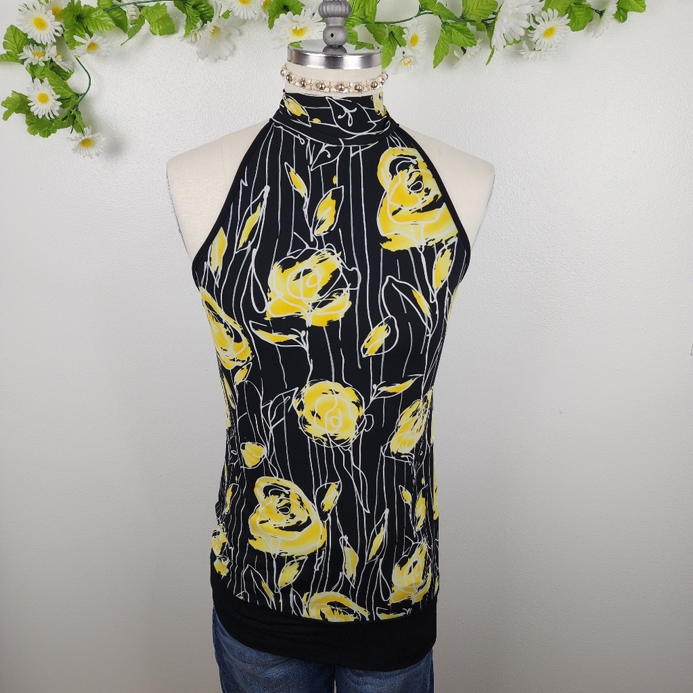 Mandee Floral Halter Sleeveless Top - Black and Yellow Sz Medium